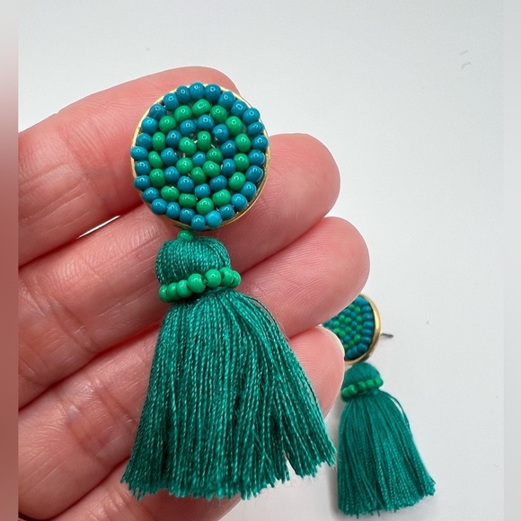 J. Crew Teal Beaded Tassel Stud Earrings and Dust Bag - Picture 1 of 9